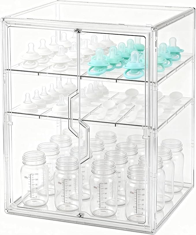Baby Bottle Organizer, 3-Tier Bottle Storage for Countertop with Double Magnetic Doors, Clear Plastic Bottle Station Organizer with 2 Adjustable Dividers for Kitchen, Bathroom, Cabinet, Vanity - Image 1