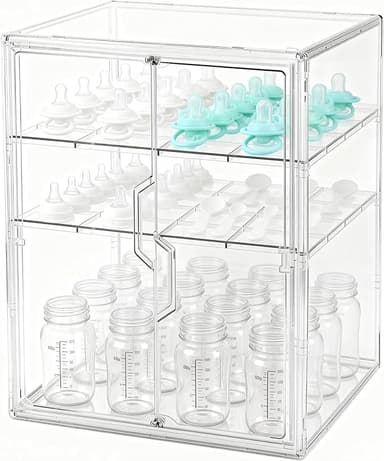 Baby Bottle Organizer, 3-Tier Bottle Storage for Countertop with Double Magnetic Doors, Clear Plastic Bottle Station Organizer with 2 Adjustable Dividers for Kitchen, Bathroom, Cabinet, Vanity - Image 1
