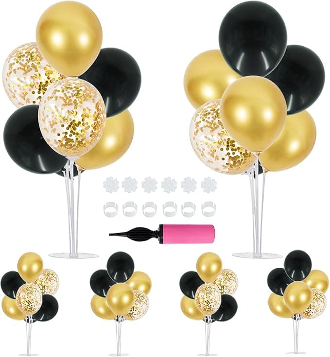 TONIFUL 6 Set Balloon Centerpieces for Table Black Gold Confetti Balloon Stand Kit for 2025 Graduation Party Decoration Birthday Anniversary Halloween 2025 Party Decorations - Image 1