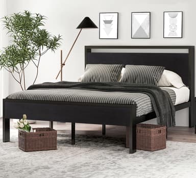 SHA CERLIN 14 Inch Queen Size Metal Platform Bed Frame with Wooden Headboard and Footboard, Mattress Foundation, No Box Spring Needed, Large Under Bed Storage, Non-Slip Without Noise, Black Oak - Image 2