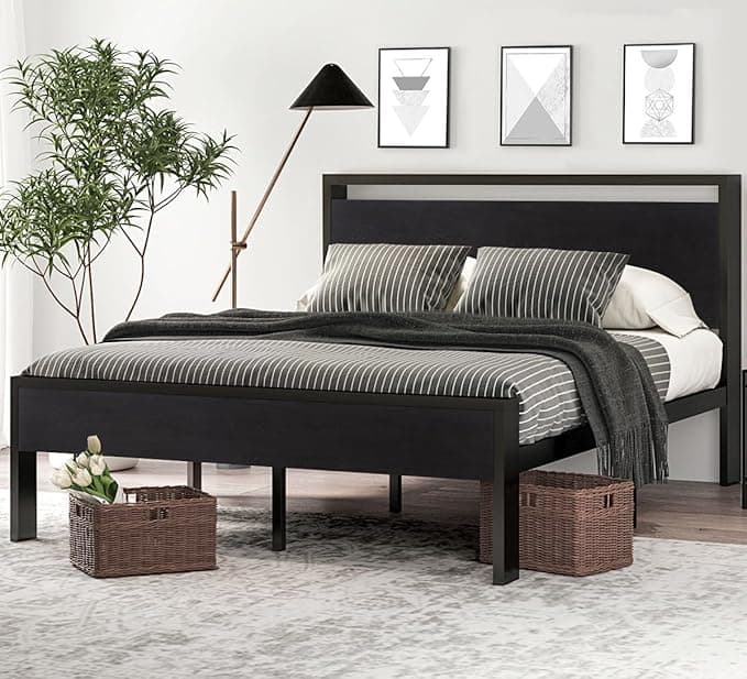 SHA CERLIN 14 Inch Queen Size Metal Platform Bed Frame with Wooden Headboard and Footboard, Mattress Foundation, No Box Spring Needed, Large Under Bed Storage, Non-Slip Without Noise, Black Oak - Image 1