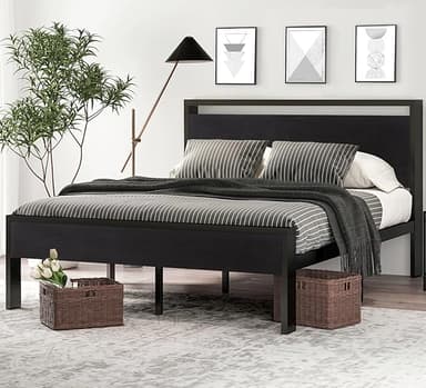 SHA CERLIN 14 Inch Queen Size Metal Platform Bed Frame with Wooden Headboard and Footboard, Mattress Foundation, No Box Spring Needed, Large Under Bed Storage, Non-Slip Without Noise, Black Oak - Image 1