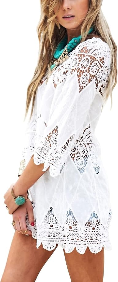 Women's Bathing Suit Cover Up Lace Crochet Tunic Bikini Beach Dress (M, White - Image 2