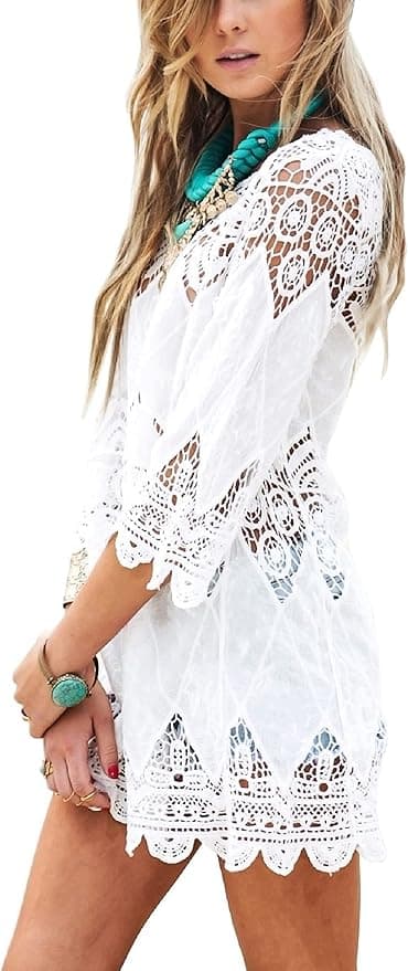 Women's Bathing Suit Cover Up Lace Crochet Tunic Bikini Beach Dress (M, White - Image 1