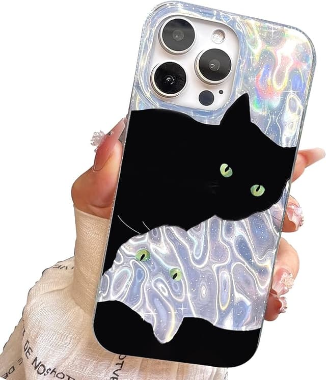 Compact Case for iPhone 15 Pro Shiny cat Design,Cute Sparkle Bling Soft Slim TPU Shockproof Protective Bumper Phone Cases Cover for Women Girls Aesthetic Glitter Black