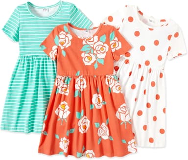 PATPAT Toddler Girl Floral Skater Multipack Dresses 3-Pack Polka Dots Short Sleeve Priness A-line Dress - Image 2