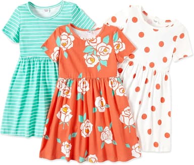 PATPAT Toddler Girl Floral Skater Multipack Dresses 3-Pack Polka Dots Short Sleeve Priness A-line Dress - Image 1
