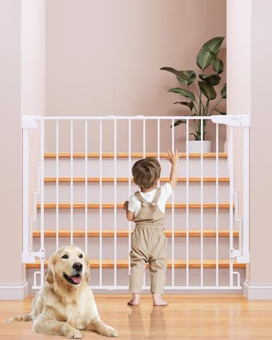 Cumbor 34" Extra Tall No Bottom Bar Baby Gate for Stairs, Wall Mounted Dog Gate Indoor for Larger Pets, Expandable 29.2-43" Safety Gate for Doorways, Wide Walk Thru Door for Easy Access (White - Image 2