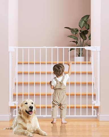 Cumbor 34" Extra Tall No Bottom Bar Baby Gate for Stairs, Wall Mounted Dog Gate Indoor for Larger Pets, Expandable 29.2-43" Safety Gate for Doorways, Wide Walk Thru Door for Easy Access (White - Image 1