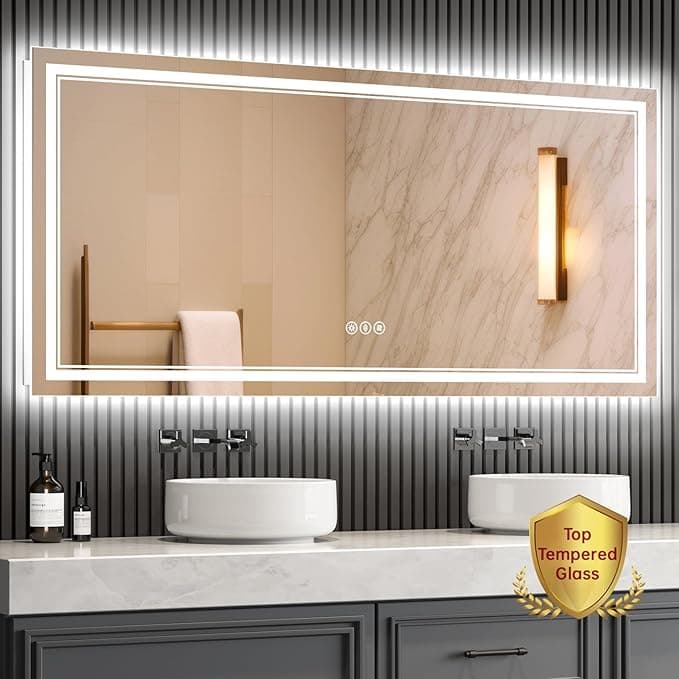 60x36 Inch Lighted Bathroom Mirror, Anti-Fog, Dimmable, 3 Colors Front and Backlit LED Bathroom Mirror, Insert-Light Pattern, Brighter, Clearer Bathroom Mirror with Lights, ETL Listed - Image 1