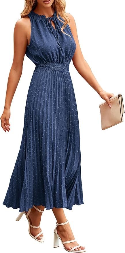 PRETTYGARDEN Women's Midi Summer Dresses Casual V Neck Swiss Dot Ruffle Sleeveless A Line Beach Sun Dress - Image 1