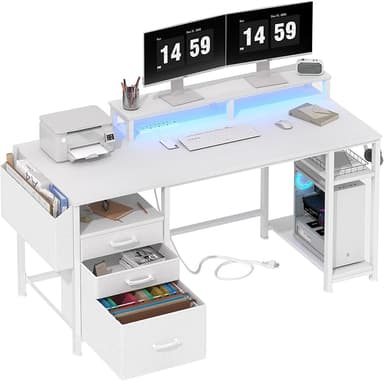 Lufeiya White Computer Desk with File Drawers Cabinet, 55 Inch Home Office Desk with Monitor Stand Shelves, Writing Study Gaming Desks with Led Lights and Power Outlets for Bedroom, White - Image 1