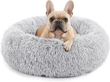 Sweetcrispy Calming Donut Dog & Cat Bed, Machine Washable Cuddle Warming Cozy Fluffy Faux Fur Plush Round Anti-Anxiety Waterproof Anti-Slip Pet Sleeping Sofa for Small Medium Animals, Grey, 20 inches - Image 2