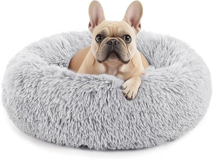 Sweetcrispy Calming Donut Dog & Cat Bed, Machine Washable Cuddle Warming Cozy Fluffy Faux Fur Plush Round Anti-Anxiety Waterproof Anti-Slip Pet Sleeping Sofa for Small Medium Animals, Grey, 20 inches - Image 1