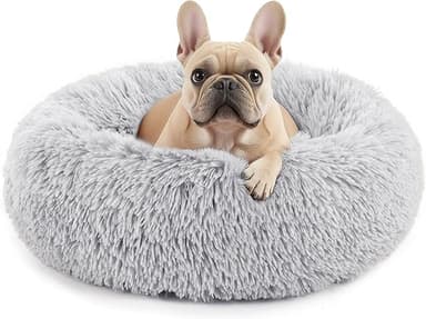 Sweetcrispy Calming Donut Dog & Cat Bed, Machine Washable Cuddle Warming Cozy Fluffy Faux Fur Plush Round Anti-Anxiety Waterproof Anti-Slip Pet Sleeping Sofa for Small Medium Animals, Grey, 20 inches - Image 1