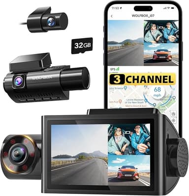 WOLFBOX i07 3 Channel Dash Cam Built-in WiFi GPS, 4K Dash Camera Front and Inside, 1440P+1080P+1080P Triple Car Camera with 3" LCD Screen, 32GB Card Included, IR Night Vision, 24H Parking Mode - Image 1