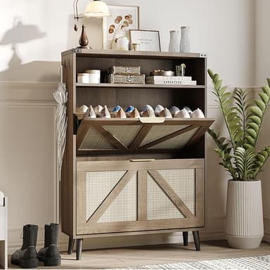 Shoe Cabinet with 2 Flip Drawers & Open Storage,Farmhouse Shoe Storage Cabinet for Entryway,Freestanding Narrow Organizer Rack with Legs,Foyer,Hallway,Rustic Oak Rattan - Image 1