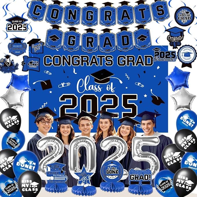 Graduation Decorations 2025, Graduation Decorations Class of 2025, Blue Themed 2025 Graduations Party Decorations Include Banner, Backdrop, Balloons Kit, Foil Number 2025 for Grad Party Supplies - Image 1