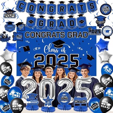 Graduation Decorations 2025, Graduation Decorations Class of 2025, Blue Themed 2025 Graduations Party Decorations Include Banner, Backdrop, Balloons Kit, Foil Number 2025 for Grad Party Supplies - Image 1