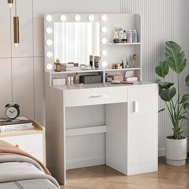 Vanity Desk with Mirror & Lights, White Makeup Desk with Drawers & Cabinet, 3 Lighting Modes & 10 Brightness, Vanity for Bedroom & Dressing Room - Image 2