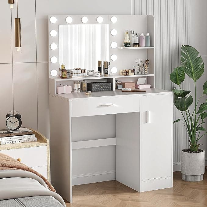 Vanity Desk with Mirror & Lights, White Makeup Desk with Drawers & Cabinet, 3 Lighting Modes & 10 Brightness, Vanity for Bedroom & Dressing Room - Image 1