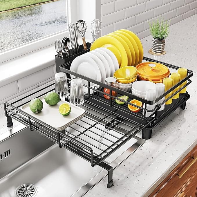 SNTD Dish Drying Rack - Extendable Dish Rack, Large Sink Drying Dish Drainer for Kitchen Counter, Stainless Steel Dish Strainer with Utensil Holder (Black - Image 1