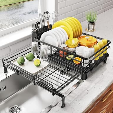 SNTD Dish Drying Rack - Extendable Dish Rack, Large Sink Drying Dish Drainer for Kitchen Counter, Stainless Steel Dish Strainer with Utensil Holder (Black - Image 1