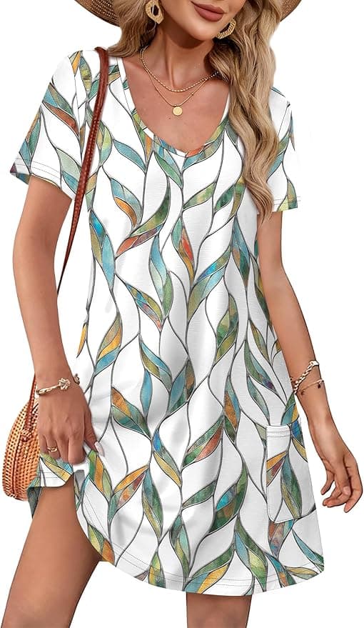 OFEEFAN Summer Dresses for Women 2025 Loose V Neck Short Sleeve Casual T Shirt Dress Sundresses Swimsuit Coverup with Pockets - Image 1