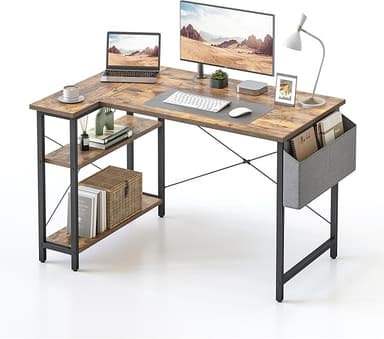 CubiCubi L Shaped Desk, 47" Computer Table with Reversible Storage Shelves Home Office Corner Study Writing Gaming, Rustic Brown - Image 1