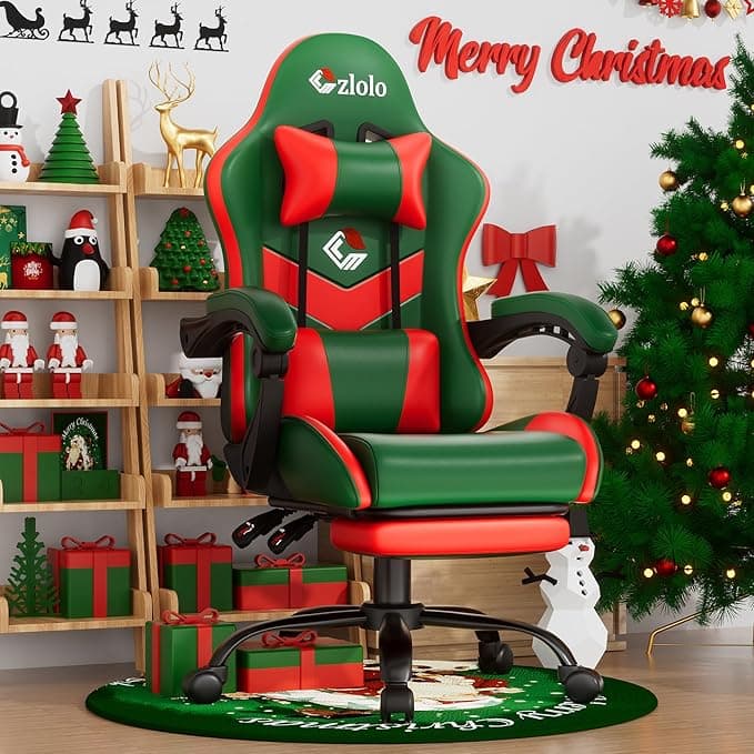 Gaming Chair, Lumbar Support Massage Computer Chair, High Back Gamer Chair, with Footrest and Headrest, Lumbar Pillow, Recline, Wide Seat, Gaming Chairs for Christmas/Birthday Gifts, Green - Image 1