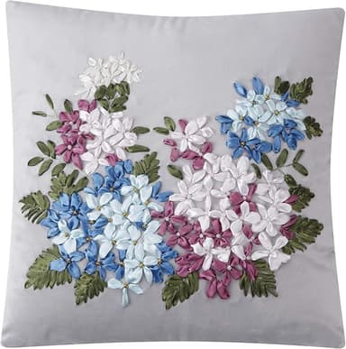 GRANDDECO Spring Throw Pillow Covers with Embroidered Flowery Hydrangea and Leaves Daily Home Decorative,Home Sofa Cushion Case with Zipper, Pack of 2, 18 x 18 inches (18×18 inches, Grey - Image 1