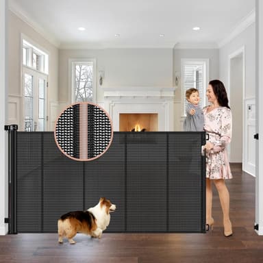 Reinforced 42" Tall x 75" Wide Retractable Baby Gate with Support Rods - Prevents Crawling Under Extra Tall Pet Gate Indoor Mesh Gate Outdoor Long Baby Gate Tall Dog Gates for Doorways, Black - Image 2