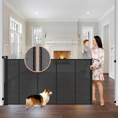Reinforced 42" Tall x 75" Wide Retractable Baby Gate with Support Rods - Prevents Crawling Under Extra Tall Pet Gate Indoor Mesh Gate Outdoor Long Baby Gate Tall Dog Gates for Doorways, Black - Image 1