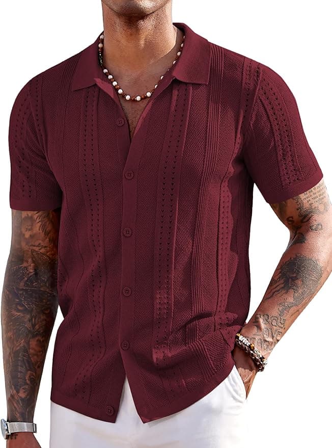 COOFANDY Men's Knit Shirts Short Sleeve Button Down Polo Shirt Fashion Casual Summer Beach Shirts - Image 1