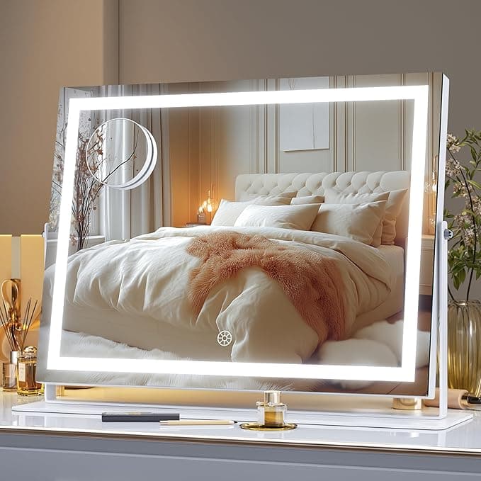 Hasipu Vanity Mirror with Lights, 15.7" x 11.8" LED Makeup Mirror, 3 Color Modes Touch Control and Brightness Adjustment Lighting Mirror, 10X Magnifying Glass, 360° Rotation - Image 1