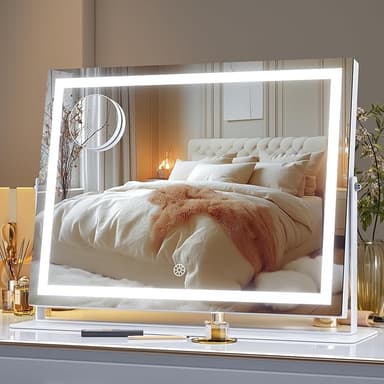 Hasipu Vanity Mirror with Lights, 15.7" x 11.8" LED Makeup Mirror, 3 Color Modes Touch Control and Brightness Adjustment Lighting Mirror, 10X Magnifying Glass, 360° Rotation - Image 1