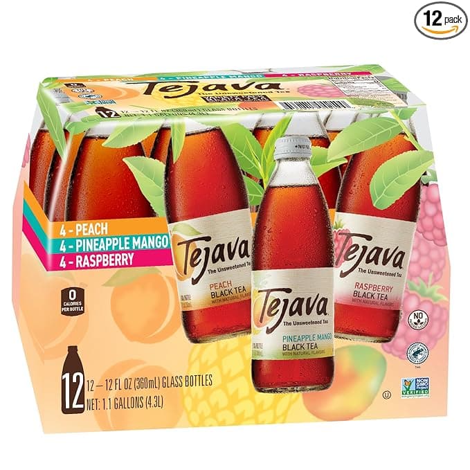 Tejava Black Tea Sampler, 12 ounce (12-Pack) Glass, Unsweetened, Peach, Raspberry and Pineapple-Mango, Ready-to-Drink Premium Iced Tea - Image 1