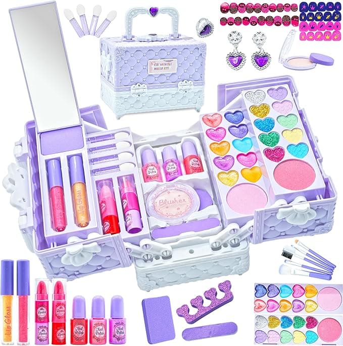 Kids Makeup Sets for Girls - 52 PCS Safe and Washable Makeup for Kids, Real Toddler Makeup Kit with Cosmetic Case, Girls Toys Age 4-12, Princess Toys Birthday Gift(Light Purple - Image 1