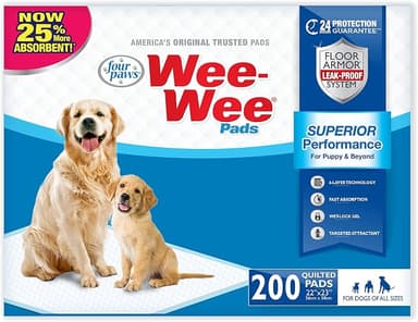 Four Paws Wee-Wee Superior Performance Unscented Pee Pads for Dogs & Puppies, Quilted Leak-Proof Dog Housebreaking Potty Training Floor Protection, 22" x 23", 200 Count - Image 1