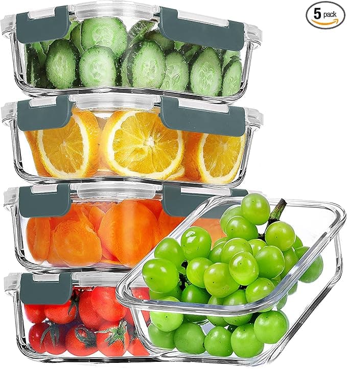 VERONES 5 Pack 36 OZ Glass Meal Prep Containers, Airtight Glass Lunch Containers Set, Glass Food Storage Containers with Lids,Exclusive of BPA, for Microwave, Oven, Freezer & Dishwasher Friendly,Grey - Image 1
