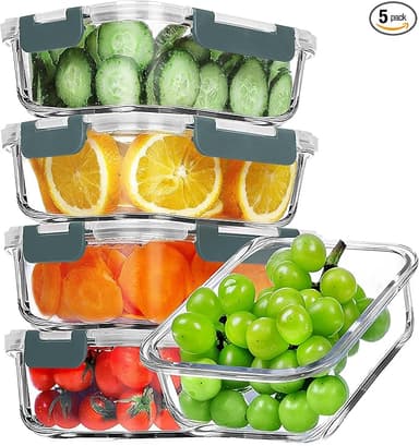 VERONES 5 Pack 36 OZ Glass Meal Prep Containers, Airtight Glass Lunch Containers Set, Glass Food Storage Containers with Lids,Exclusive of BPA, for Microwave, Oven, Freezer & Dishwasher Friendly,Grey - Image 1