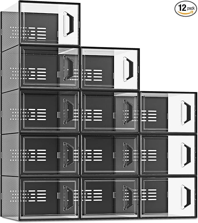 SEE SPRING X-Large Shoe Storage Box Fit Size 11, Clear Plastic Stackable Shoe Organizer for Closet, Space Saving Sneaker Shoe Rack Containers Bins Holders for Entryway, Under Bed, 12 Pack Black - Image 1