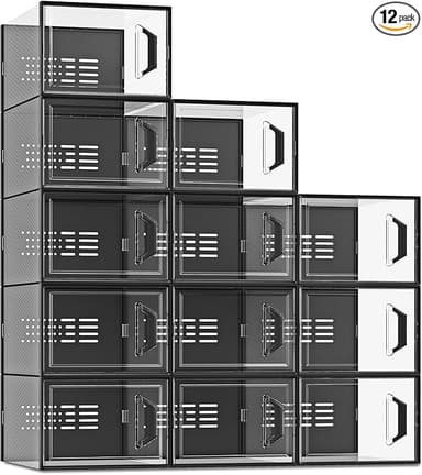 SEE SPRING X-Large Shoe Storage Box Fit Size 11, Clear Plastic Stackable Shoe Organizer for Closet, Space Saving Sneaker Shoe Rack Containers Bins Holders for Entryway, Under Bed, 12 Pack Black - Image 1