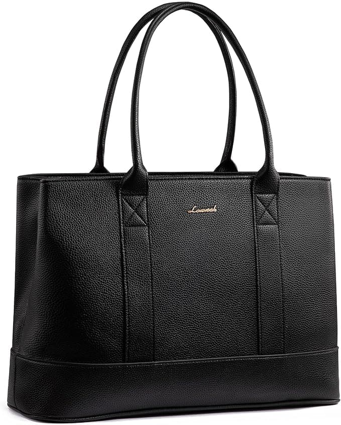 LOVEVOOK Laptop Tote Bag for Women, Pebbled Vegan Leather 15.6" Large Capacity Laptop Bag for Women, Waterproof Plus Room for Laptop & 4x Tumblers, for Office & Gift, Black - Image 1