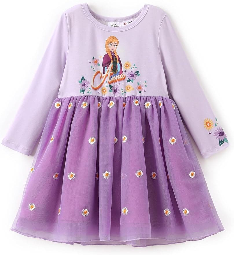 Disney Frozen Elsa Princess Cinderella Ariel Jasmine Rapunzel Baby/Toddler Dress, Ruffle Long-Sleeve Mesh Overlay Tulle Dress - Image 1