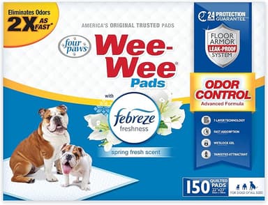 Four Paws Wee-Wee Odor Control with Febreze Freshness Pee Pads for Dogs & Puppies, Leak-Proof Dog Housebreaking Potty Training Floor Protection, Spring Fresh Scent, 22" x 23", 150 Count - Image 1