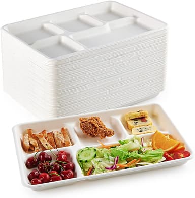 ECOLipak 100% Compostable 5 Compartment Plates, 100 Pack Disposable Compartment Paper Plates, 12.5 * 8.6 inch Biodegradable Sugarcane Plates, Eco-Friendly School Lunch Trays - Image 2