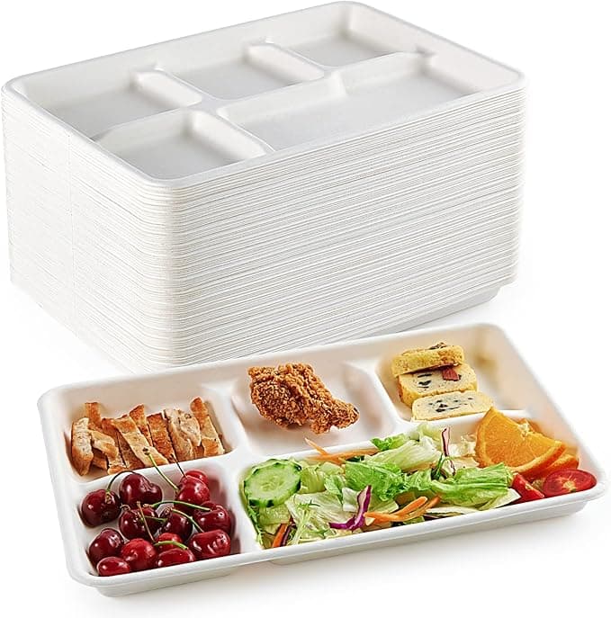 ECOLipak 100% Compostable 5 Compartment Plates, 100 Pack Disposable Compartment Paper Plates, 12.5 * 8.6 inch Biodegradable Sugarcane Plates, Eco-Friendly School Lunch Trays - Image 1
