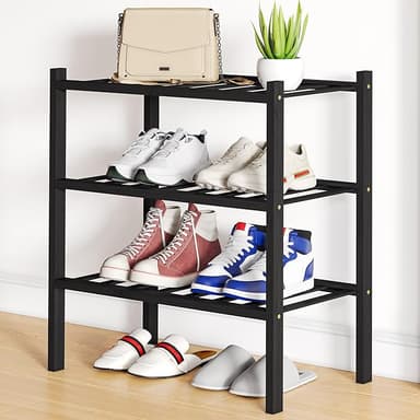 Smiry Shoe Rack, 3 Tier Small Bamboo Shoe Organizer, Stackable Free Standing Wooden Shoe Storage Shelf for Closet, Entryway, Front Door Entrance, Black - Image 1