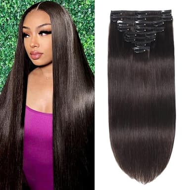 Clip in Hair Extensions Real Human Hair, Seamless Clip ins Real Human Hair for Women, Remy Human Hair Clip in Extensions, Double Weft 8pcs 24 inch Dark Brown - Image 1